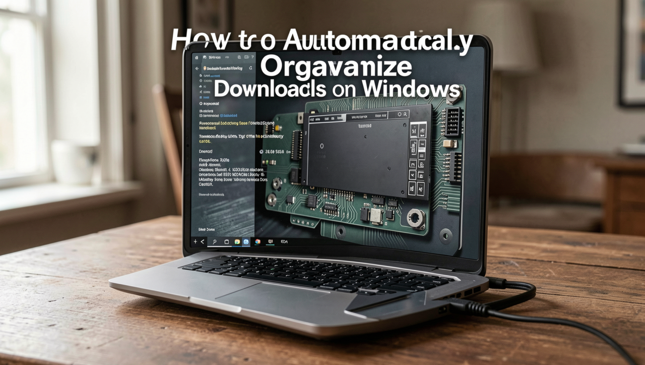 A computer screen displaying a tutorial on organizing downloads in Windows.