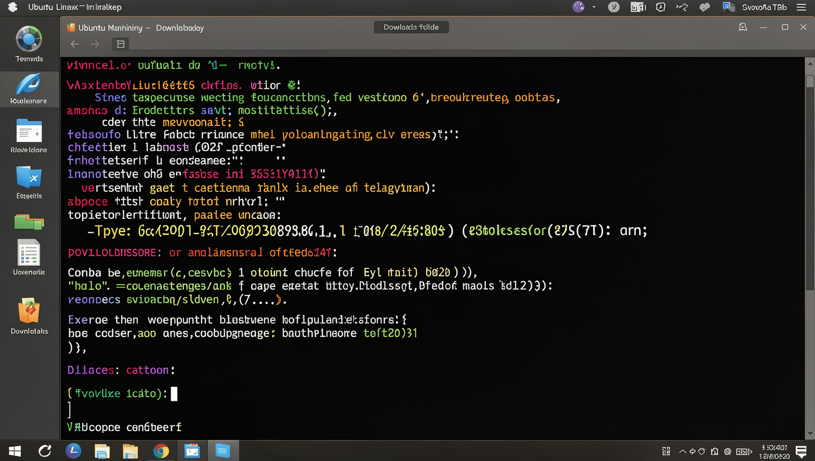 Realistic Linux desktop showing a terminal for maintaining Downloads folder.