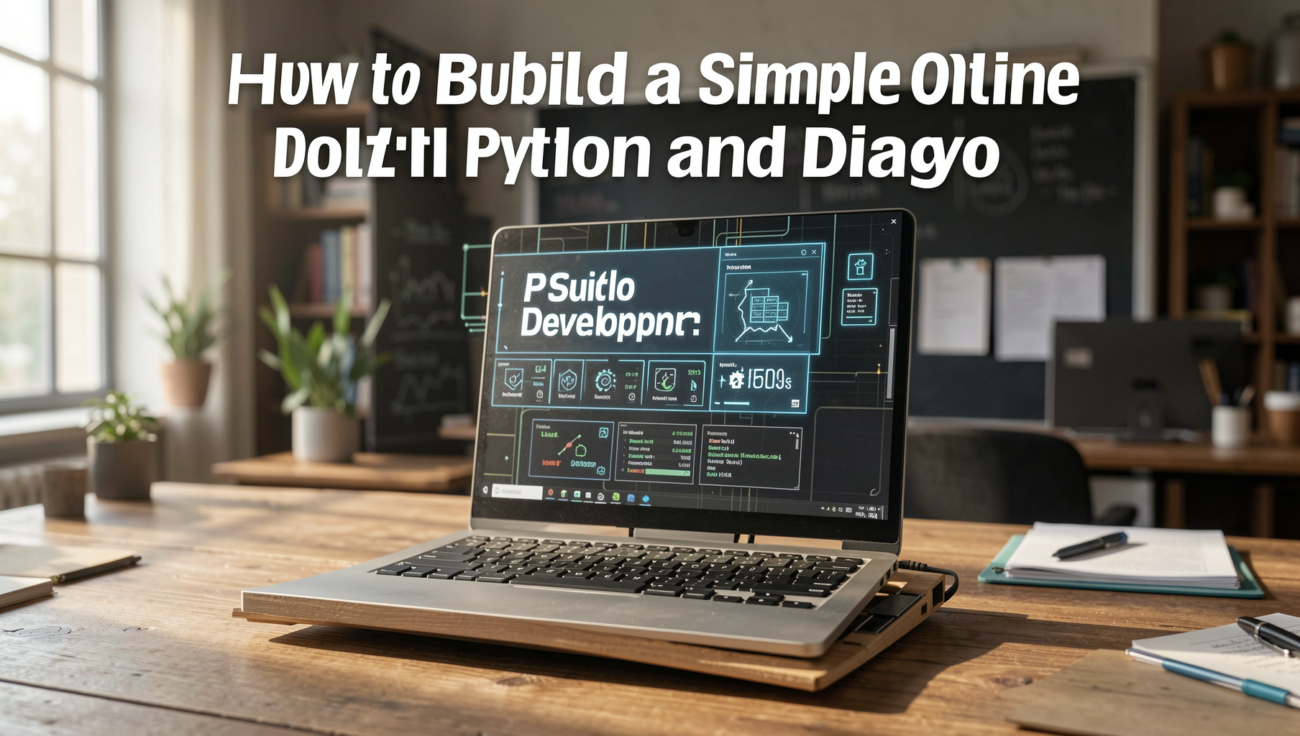 Professional photo of a laptop displaying a Python and Django online store tutorial.