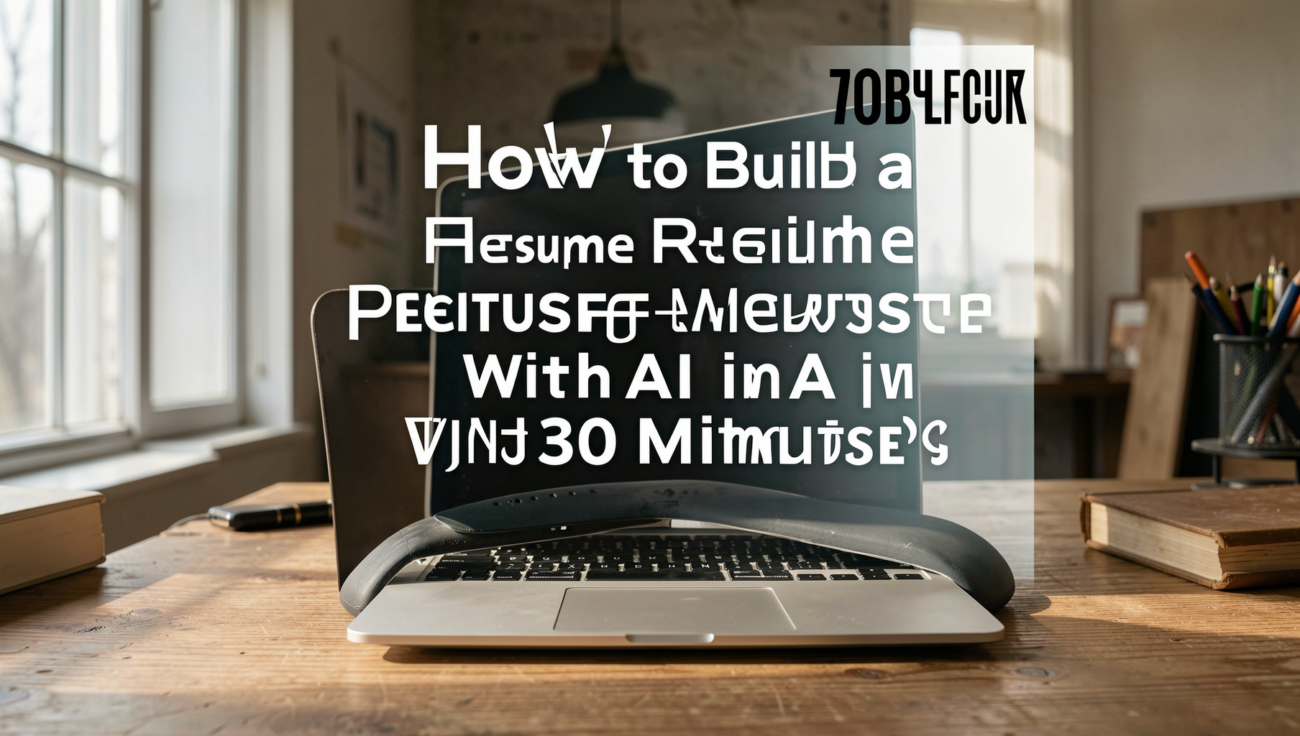 Professional workspace with laptop displaying a resume website being built using AI.