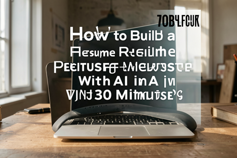 Professional workspace with laptop displaying a resume website being built using AI.