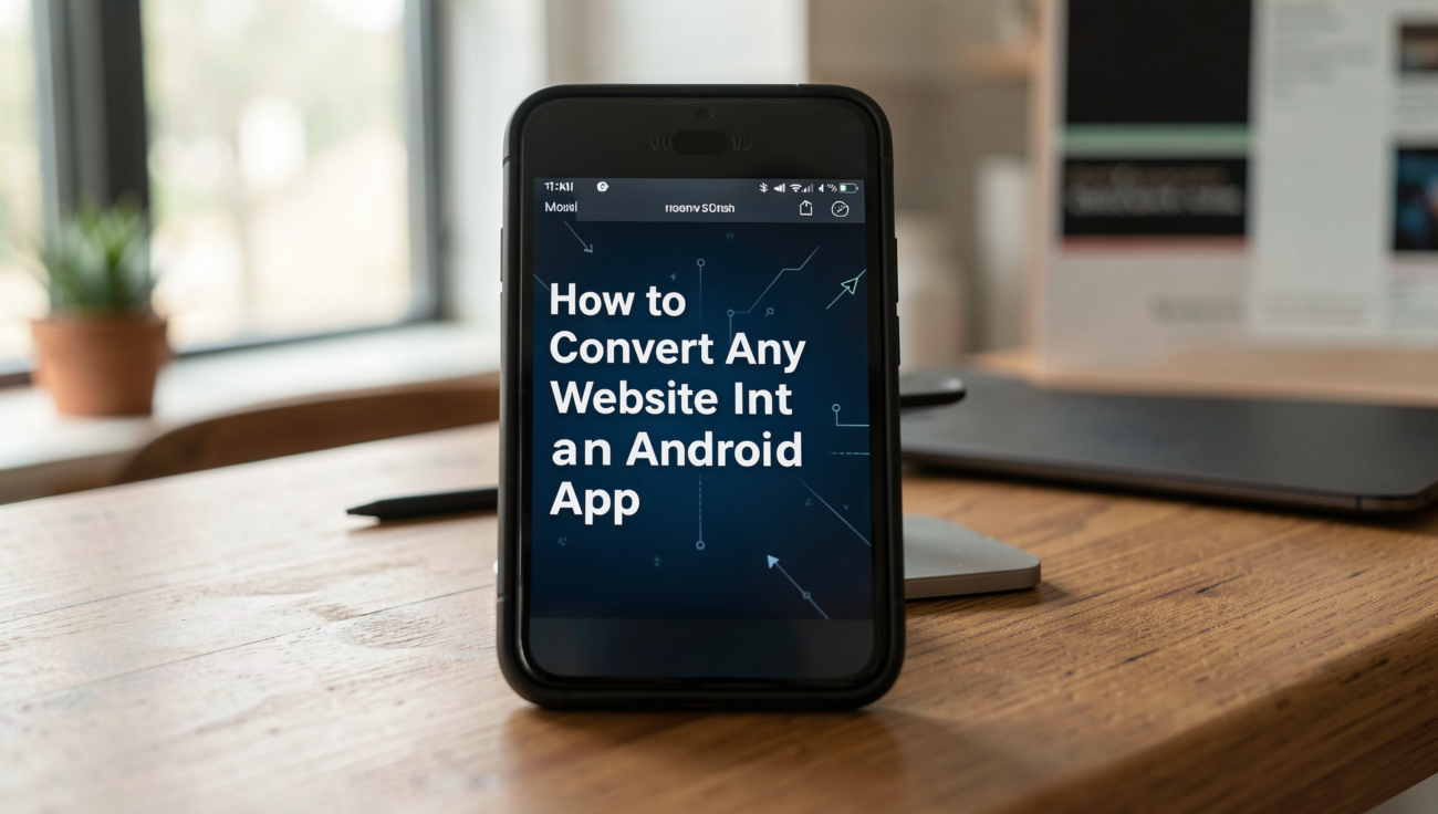 Professional editorial image illustrating website conversion to Android app.