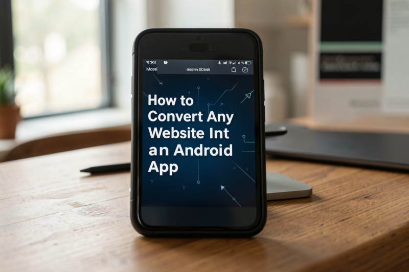 Professional editorial image illustrating website conversion to Android app.