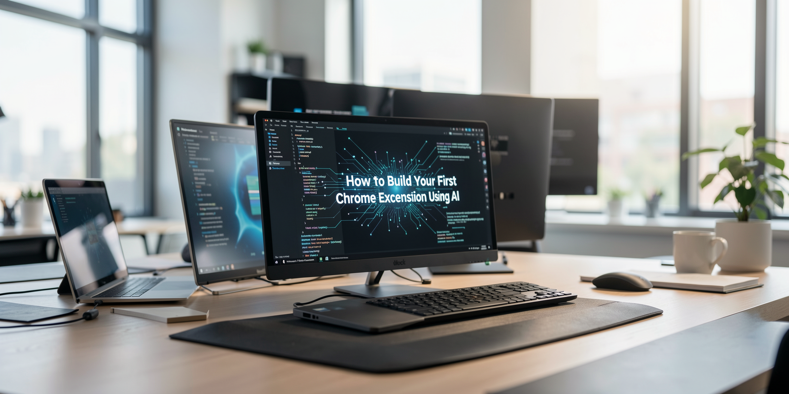 Modern workspace with tech tools for building a Chrome extension using AI.