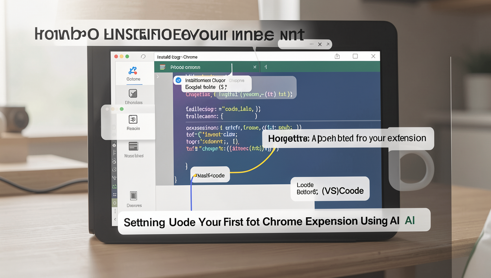 Close-up of a computer screen showing Google Chrome installation and VSCode setup.