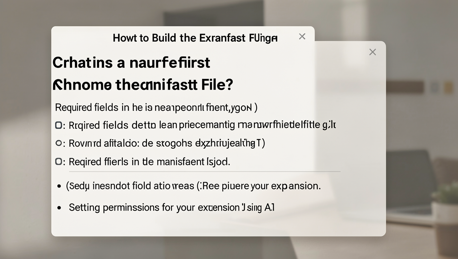 Close-up of a manifest.json file with highlighted required fields and permissions.