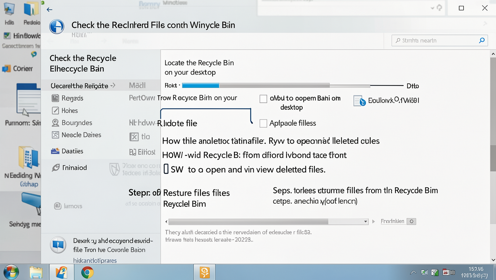 Close-up of a computer desktop showing the Recycle Bin icon and open window with deleted files.