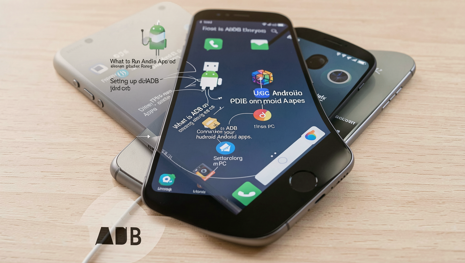 Close-up of Android Debug Bridge setup on PC with connected Android device via USB.