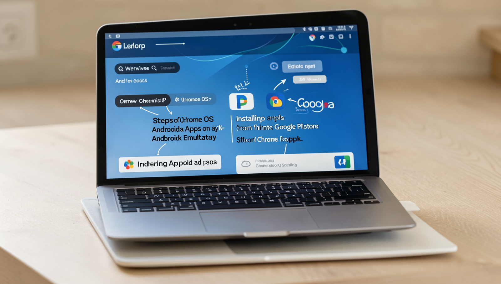 Close-up infographic showing steps to run Android apps on Chrome OS.