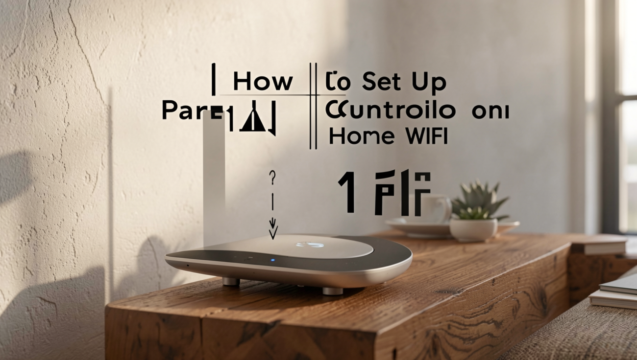 A modern home WiFi router with parental control settings displayed on a laptop screen.