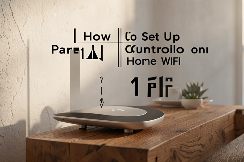 A modern home WiFi router with parental control settings displayed on a laptop screen.
