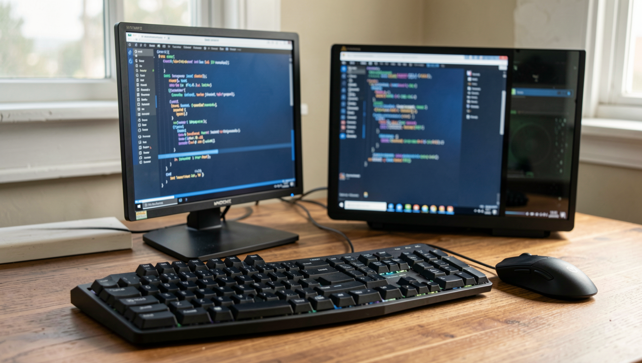 A setup showing one keyboard and mouse shared between two computers in a modern workspace.