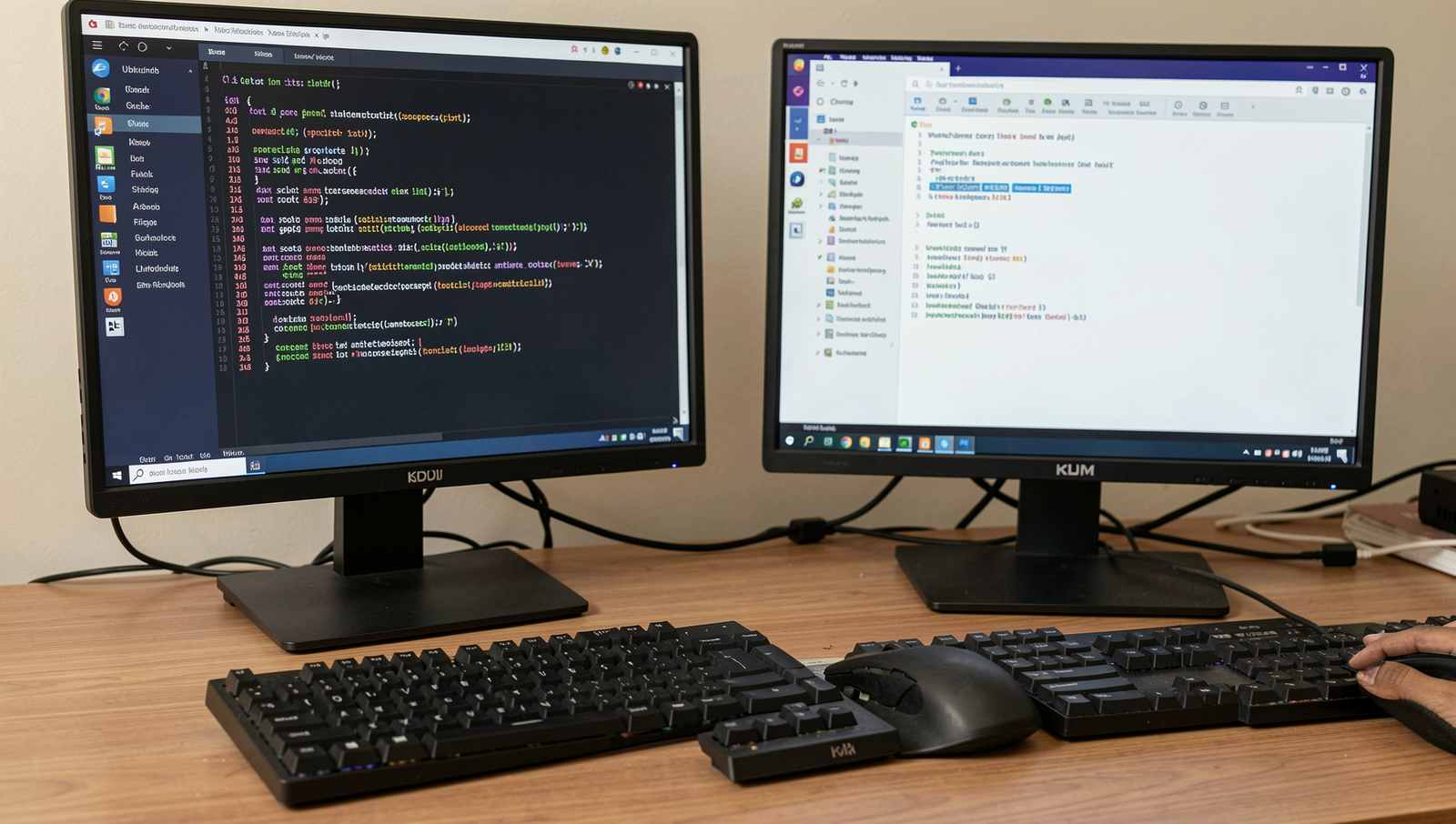 User testing KVM switch with two computers and realistic Linux desktop interface.