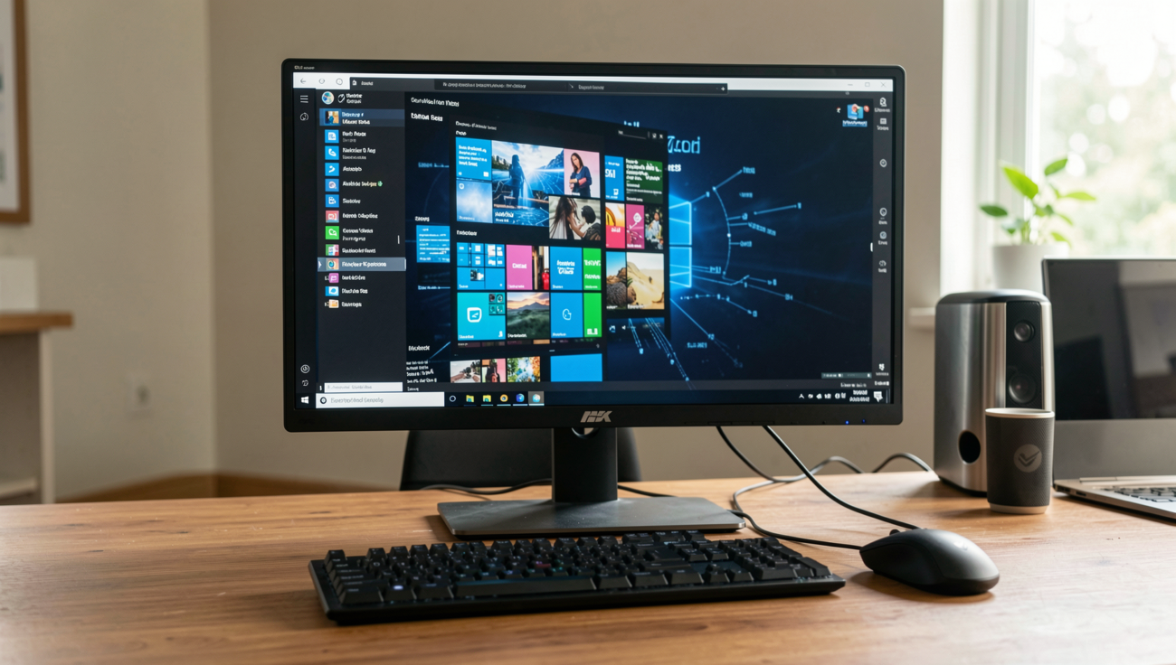 Android phone displaying PC screen as a second monitor in a modern workspace.