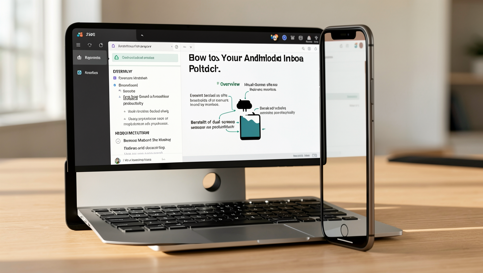 Close-up infographic of using an Android phone as a second monitor for PC.