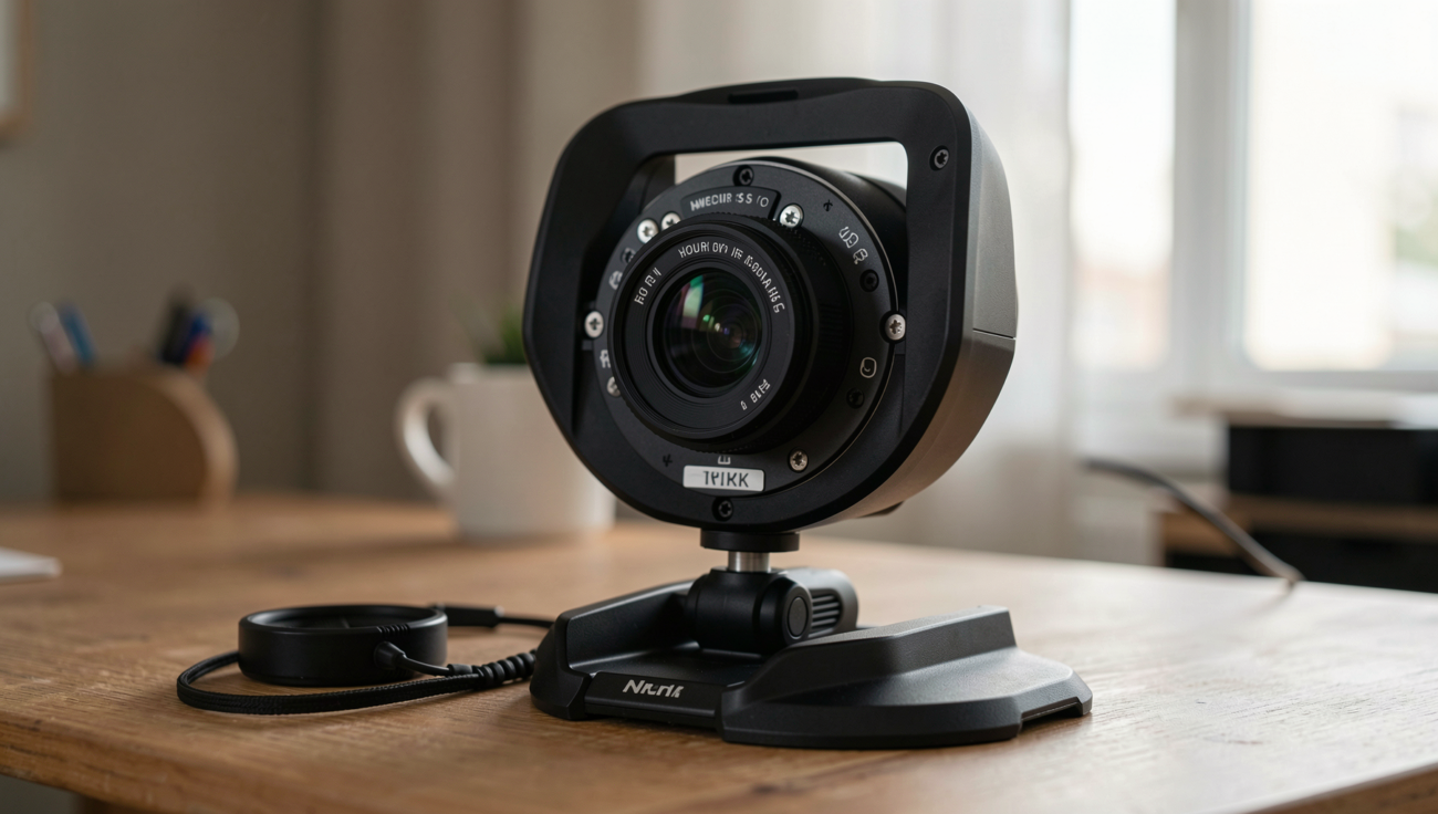iPhone positioned as a webcam for a Windows PC in a modern workspace